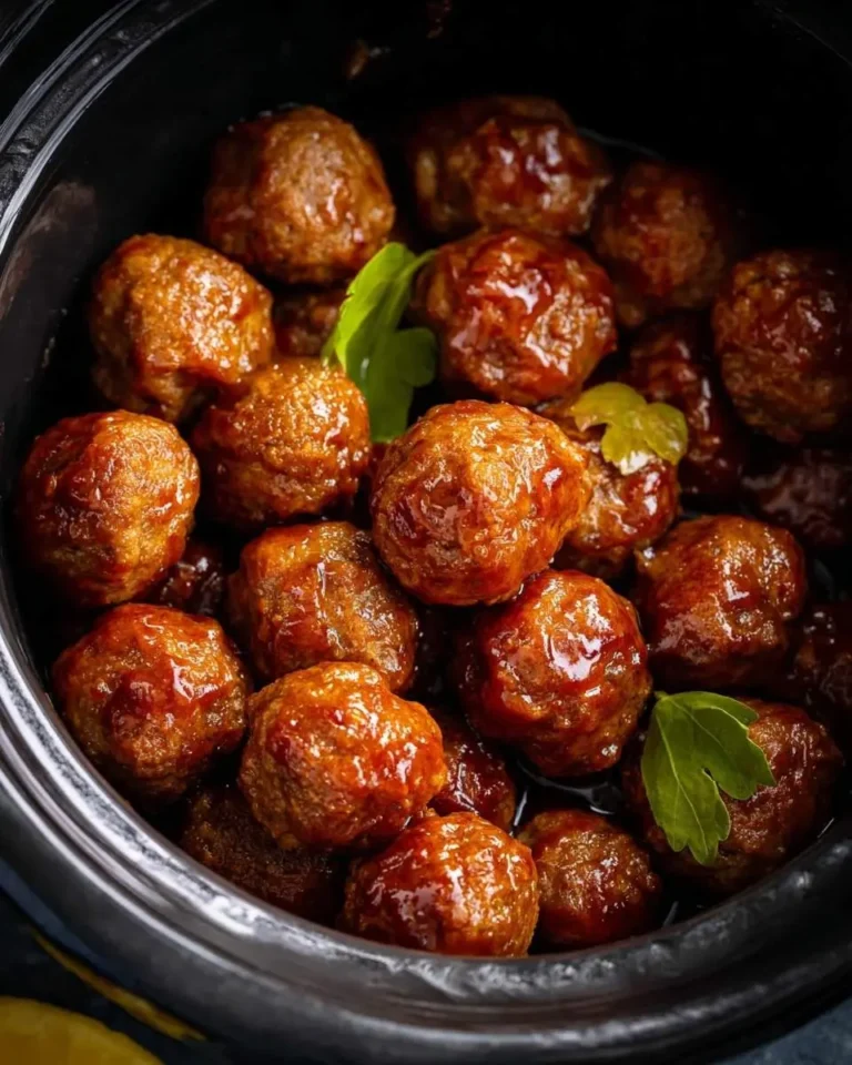 A close-up of glossy Crockpot Mississippi Meatballs simmering in a dark slow cooker, garnished with green herbs.