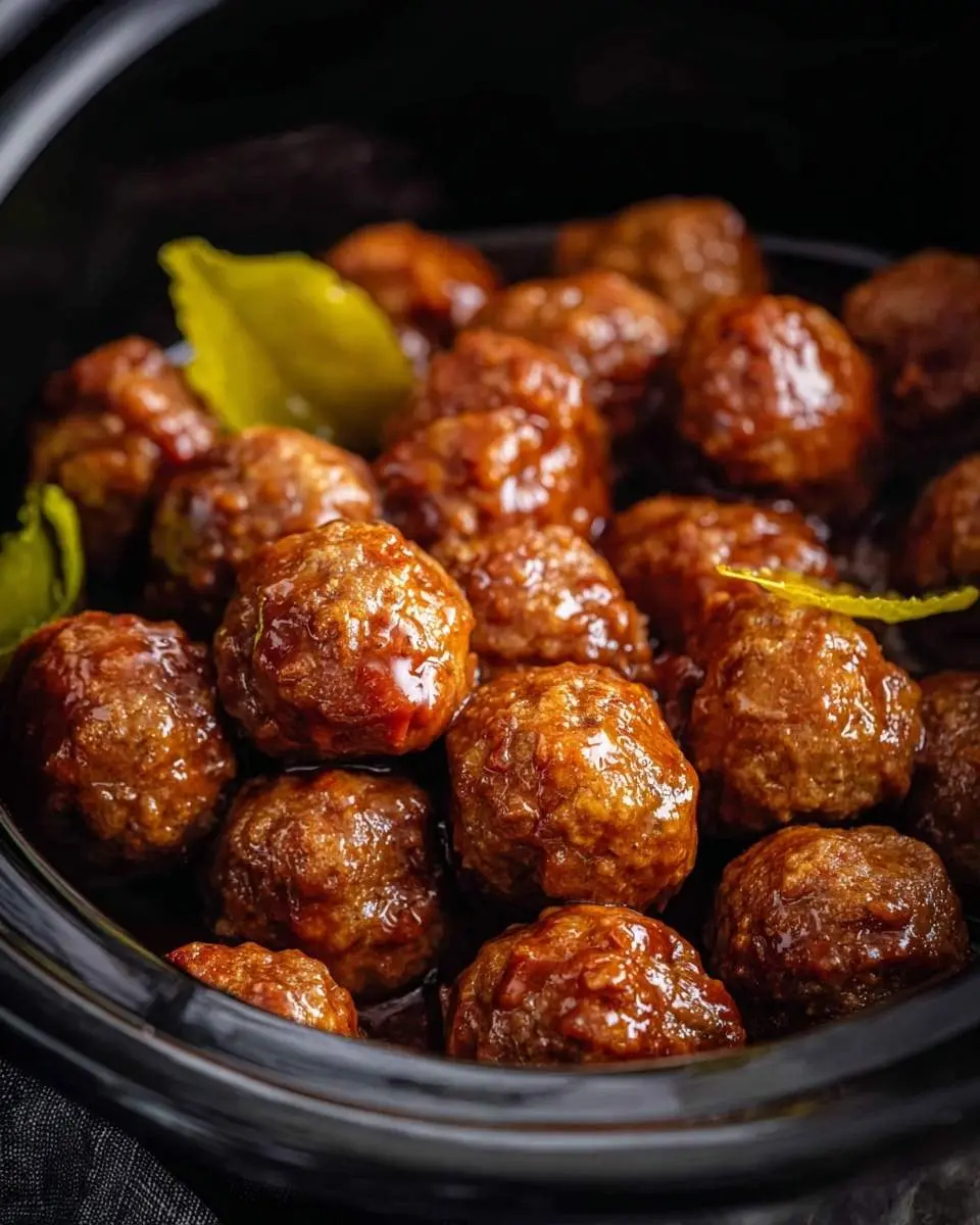 A close-up shot of delicious, saucy Crockpot Mississippi Meatballs in a black slow cooker, garnished with bright green elements.