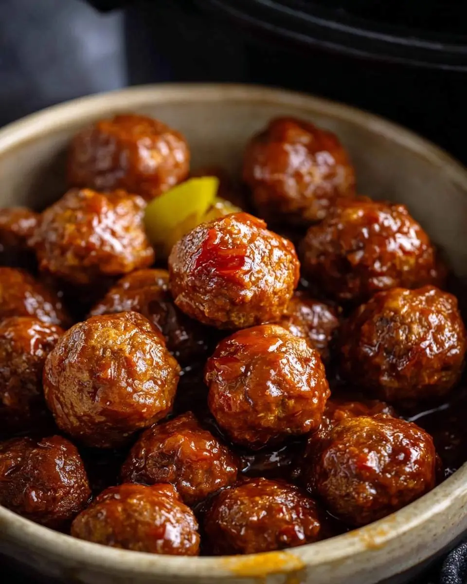 A rustic bowl brimming with juicy Crockpot Mississippi Meatballs, coated in a glistening, savory sauce, with a hint of pepper in the background.