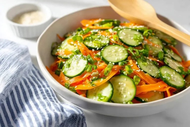 A vibrant Cucumber Carrot Salad, topped with green onions and sesame seeds, sits in a white bowl with a wooden spoon and a striped towel nearby.