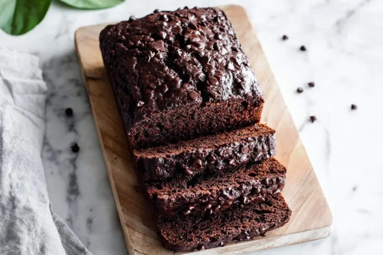 A rich, dark Double Chocolate Zucchini Bread loaf, partially sliced on a wooden board, with visible chocolate chips.