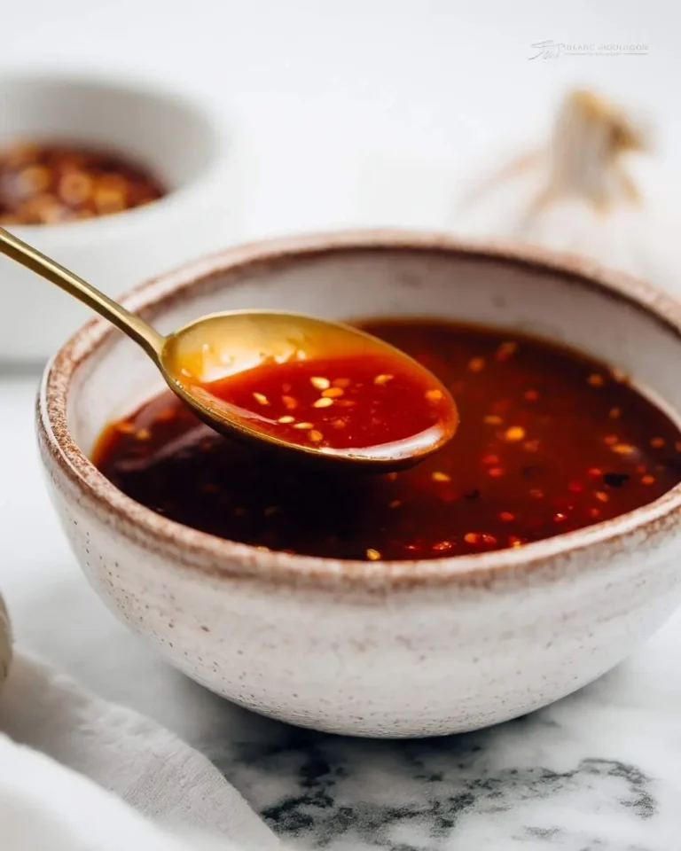 A golden spoon lifts a spoonful of vibrant red Dragon Sauce, speckled with white sesame seeds and chili flakes, from a rustic ceramic bowl.