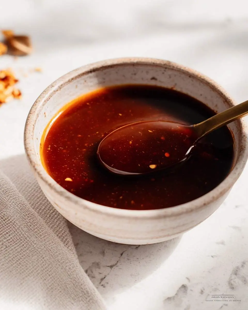 A rustic bowl holds a rich, dark reddish-brown Dragon Sauce with chili flakes, a golden spoon dipped inside, on a marble surface with a linen cloth.