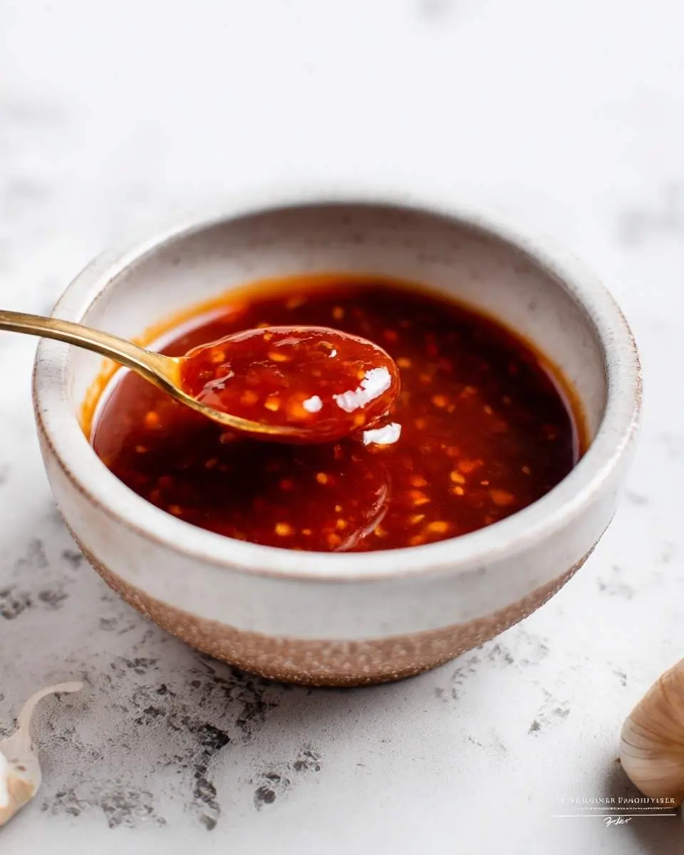 A golden spoon dips into a rustic ceramic bowl filled with vibrant red Dragon Sauce, with garlic cloves on a textured white surface.