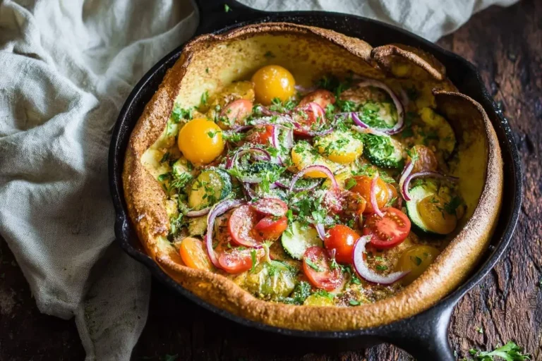 A savory Dutch Baby pancake in a cast iron skillet, generously topped with colorful cherry tomatoes, zucchini, red onion, and herbs.