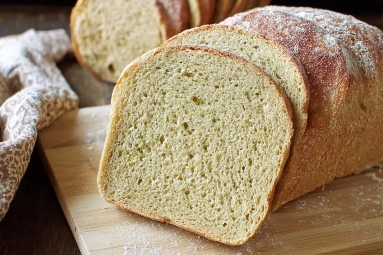 A loaf of sliced Einkorn Sandwich Bread on a wooden cutting board, showcasing its light, airy crumb and golden crust.