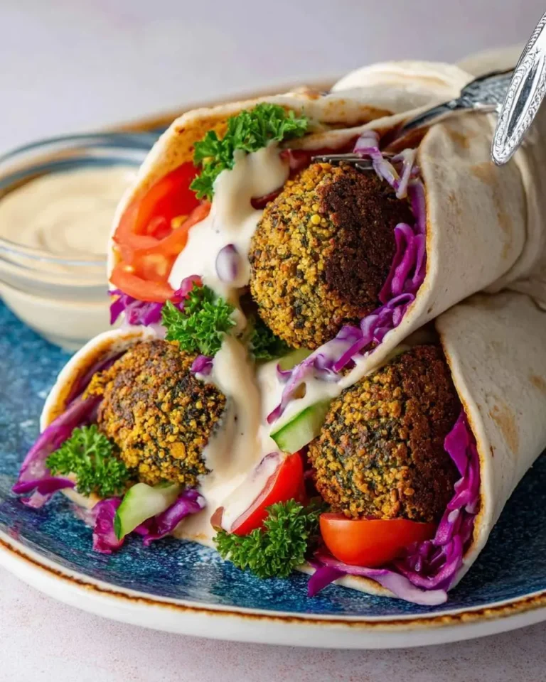 Two delectable Falafel wraps, generously filled with crispy falafel, fresh purple cabbage, tomatoes, cucumber, parsley, and creamy tahini sauce.