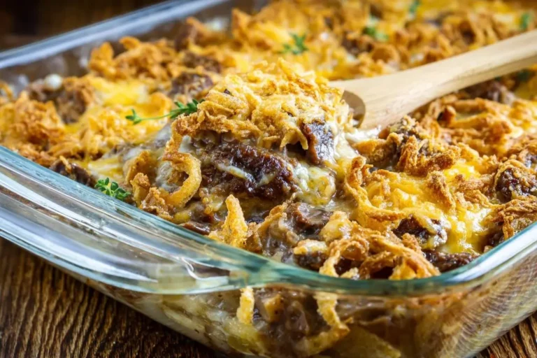 A close-up of a bubbling french onion beef casserole topped with golden crispy fried onions and melted cheese in a glass baking dish, with a wooden spoon scooping a portion.