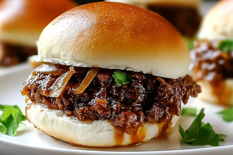 A close-up of a delicious French Onion Beef Sloppy slider, featuring tender meat, caramelized onions, and rich gravy on a soft bun, garnished with parsley.