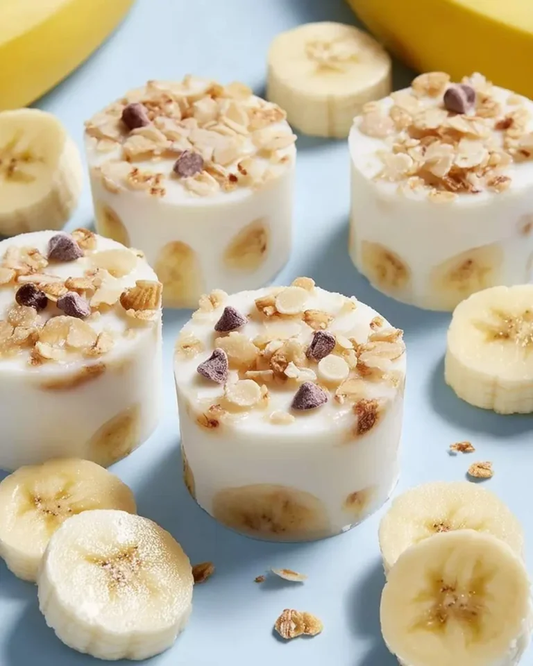 Frozen banana yogurt bites with granola and chocolate chips, served with fresh banana slices on a blue surface.