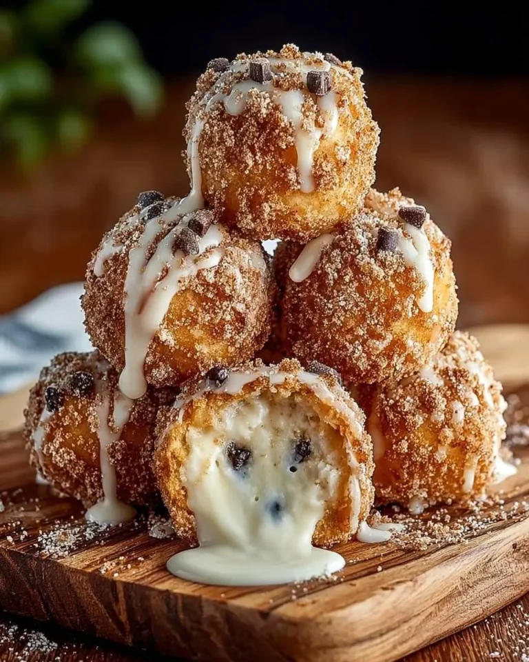 Stack of golden-brown Frozen Churro Yogurt Bites, drizzled with white icing and chocolate, one cut open revealing creamy filling.