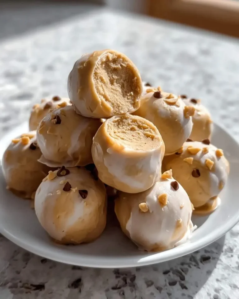A pile of creamy Frozen Greek Yogurt Peanut Butter Bites on a white plate, some with drizzles and toppings, one cut open to show its smooth texture.