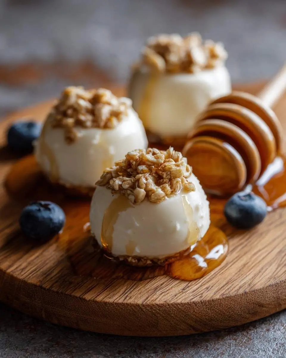 Three creamy Frozen Honey Yogurt Bites topped with granola, drizzled with honey, and served with blueberries on a wooden board.