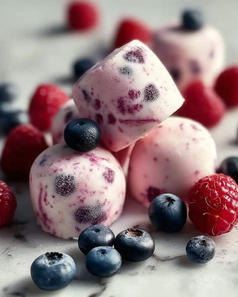 Close-up of a pile of delicious Frozen Yogurt Berry Bites, surrounded by fresh blueberries and raspberries on a light surface.
