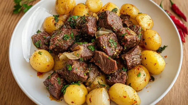 A close-up of a white plate filled with savory Garlic Butter Beef Bites with Potatoes, garnished with fresh herbs and onions on a wooden table.