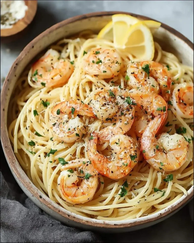 A close-up shot of a rustic bowl filled with golden Garlic Butter Shrimp Pasta, garnished with fresh parsley and lemon wedges.