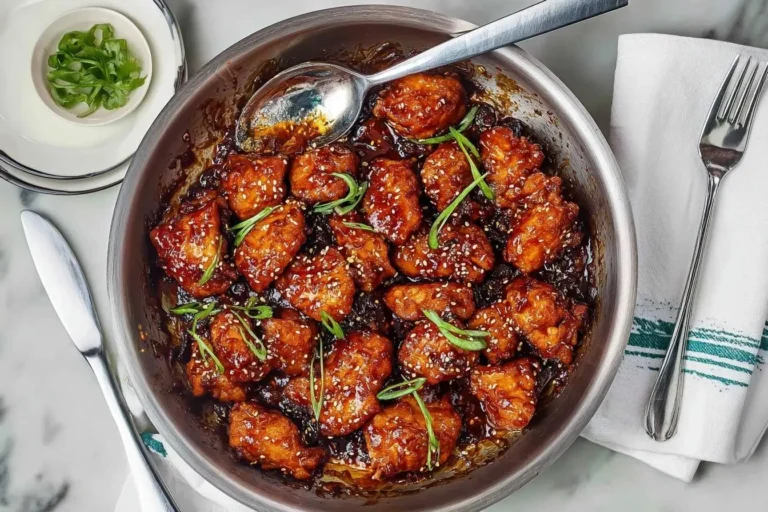 A large metal pan filled with glossy Gochujang Chicken, garnished with sesame seeds and green onions, beside plates and cutlery.