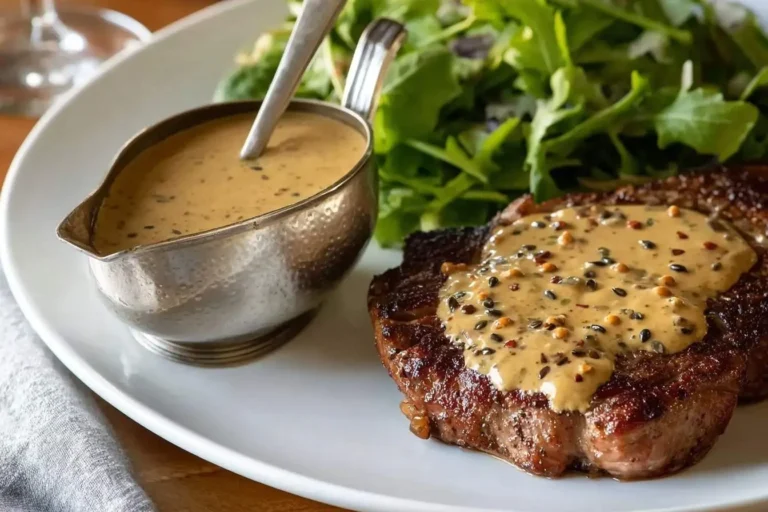 A perfectly seared steak generously topped with creamy Gordon Ramsay Pepper Sauce, served alongside a fresh green salad and extra sauce in a silver gravy boat.