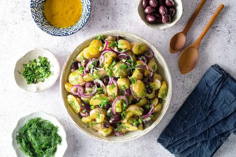 Overhead shot of a large bowl of vibrant Greek potato salad with red onions, Kalamata olives, and fresh herbs.
