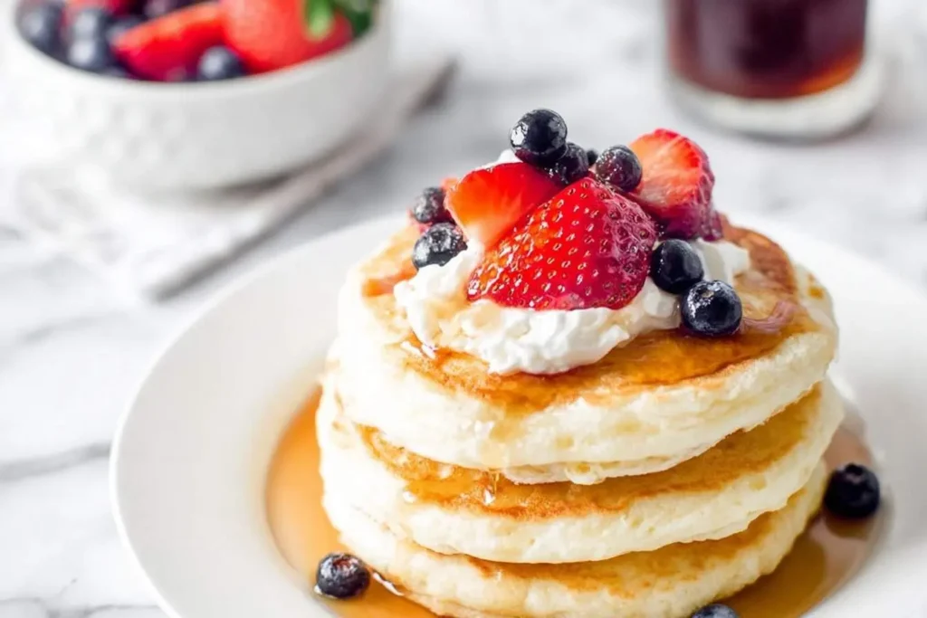 A stack of fluffy greek yogurt pancakes topped with whipped cream, fresh strawberries, blueberries, and maple syrup.