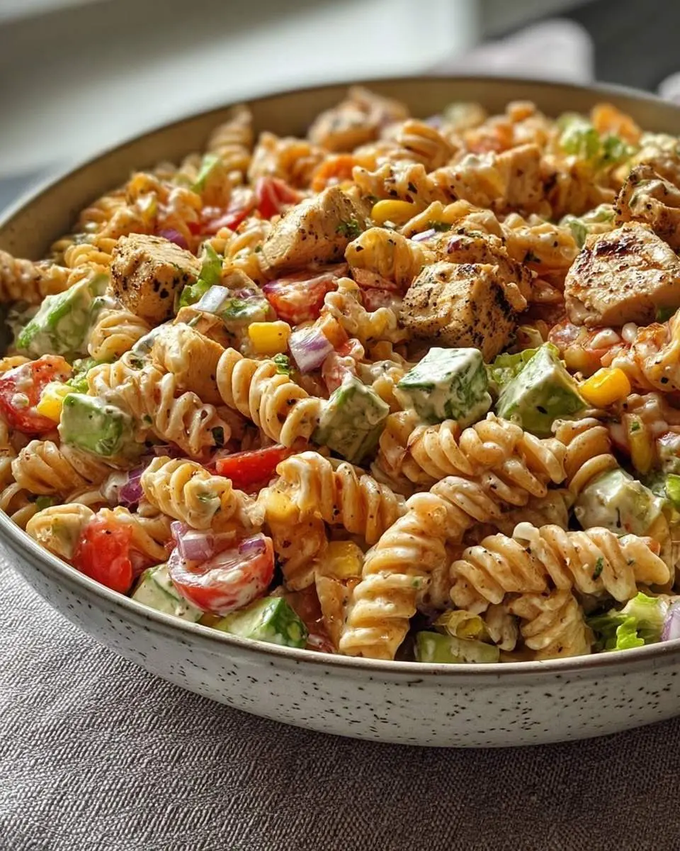 A close-up shot of a creamy High Protein BBQ Chicken Pasta Salad with fusilli, avocado, tomatoes, corn, and red onion in a speckled bowl.