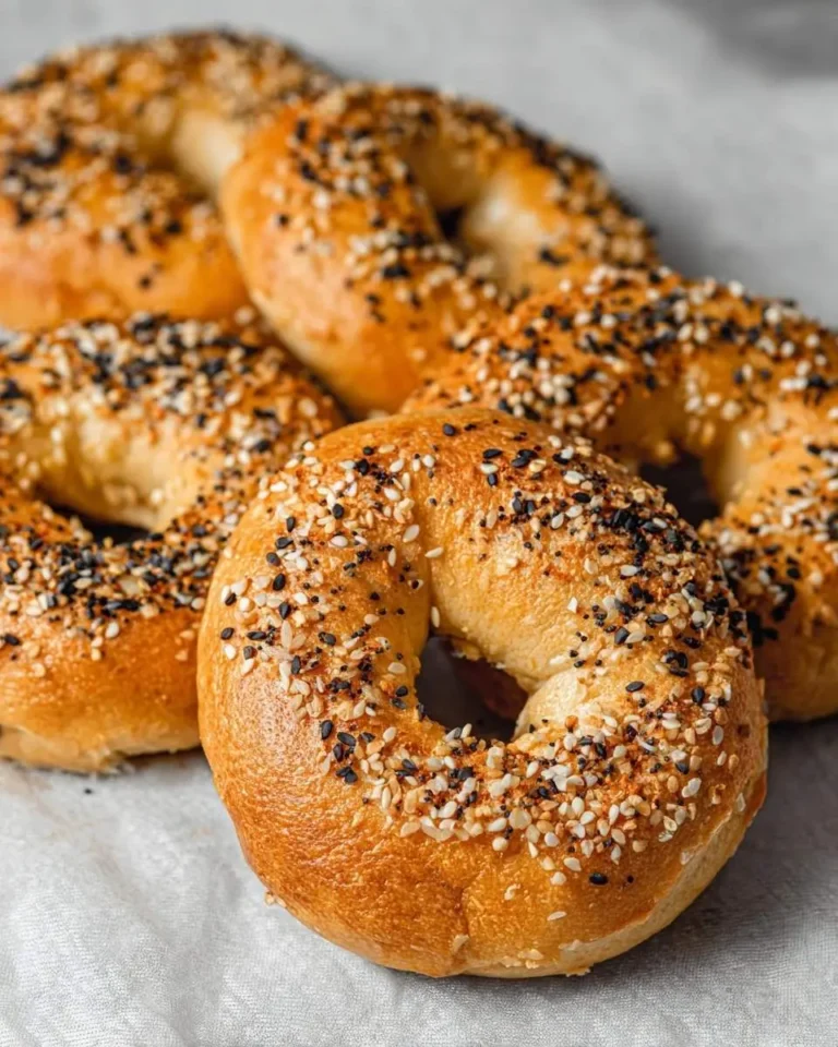 A close-up of golden brown High Protein Greek Yogurt Bagels generously topped with everything seasoning, arranged on a light cloth.