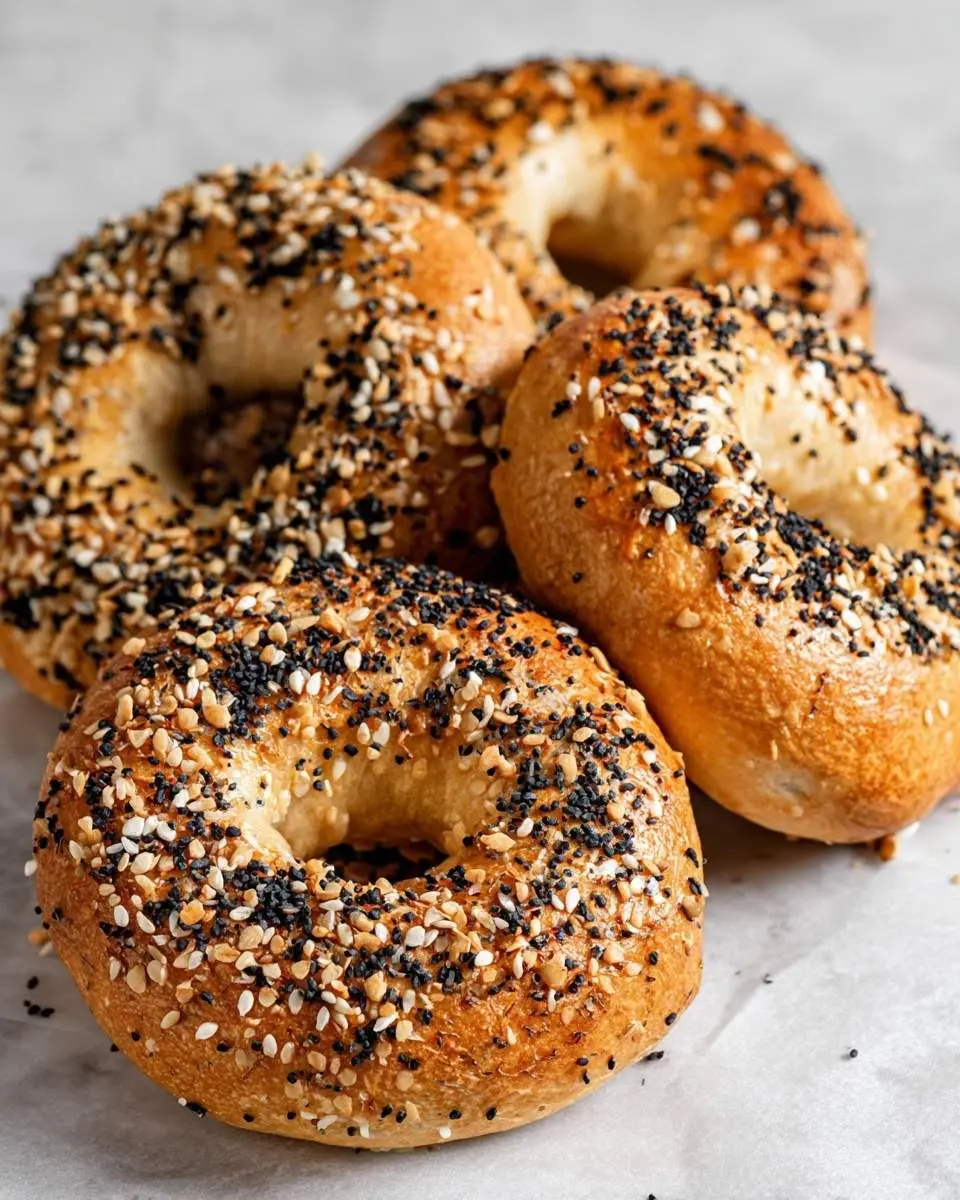High Protein Greek Yogurt Bagels A pile of golden-brown High Protein Greek Yogurt Bagels generously coated with everything bagel seasoning on parchment paper.