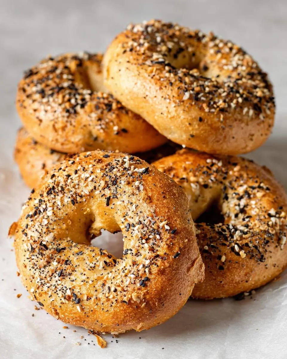 High Protein Greek Yogurt Bagels A stack of golden-brown High Protein Greek Yogurt Bagels heavily coated with everything seasoning sits on a white surface.