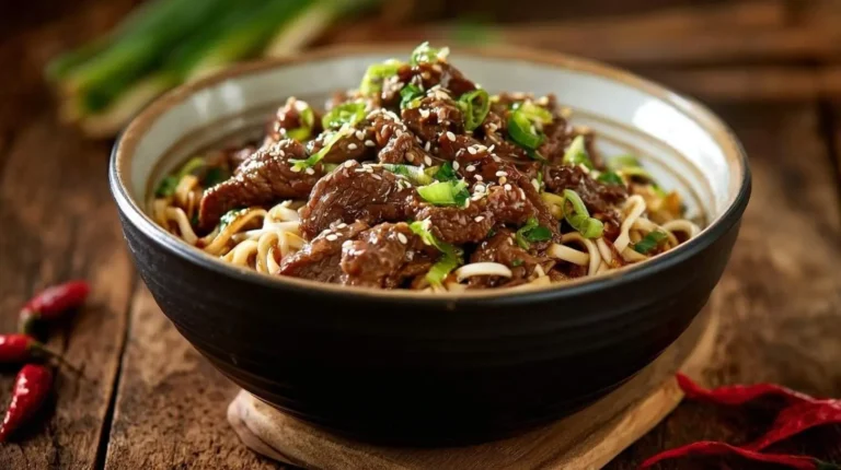 A close-up shot of a dark bowl filled with Hoisin Beef Noodles, garnished with sesame seeds and green onions on a rustic wooden table.