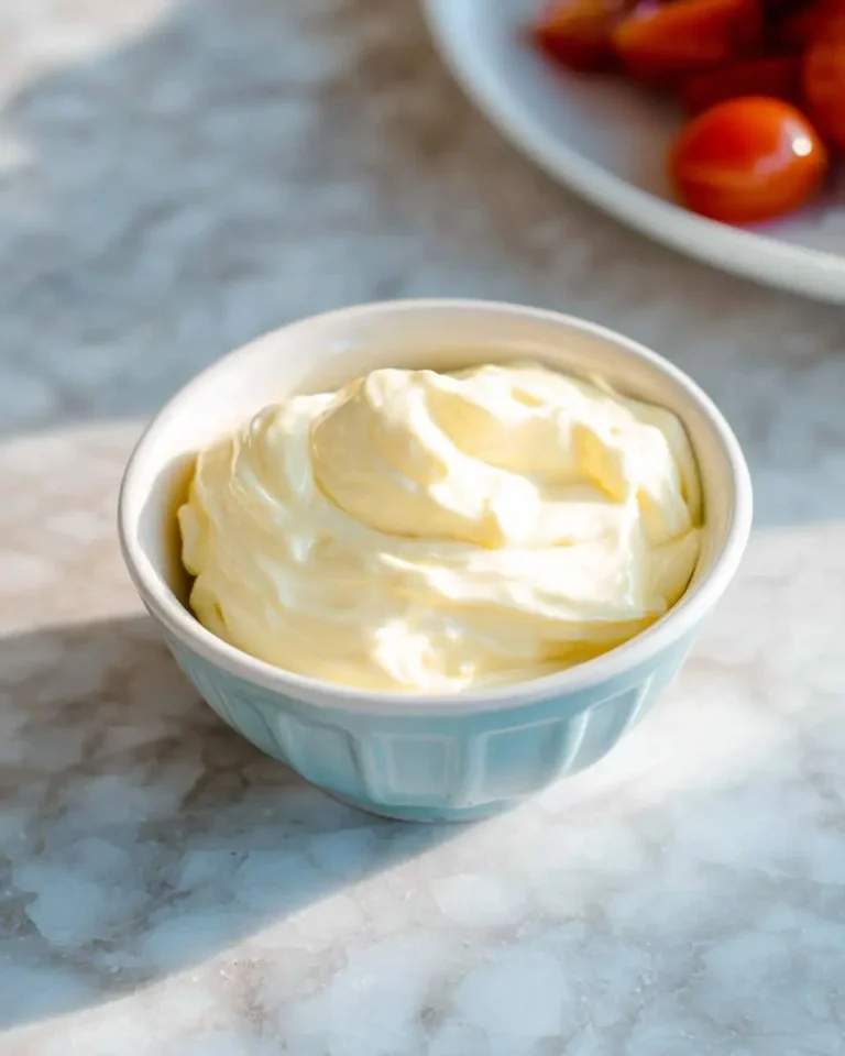 A light blue bowl brimming with creamy homemade mayonnaise, glistening in sunlight on a marble countertop.