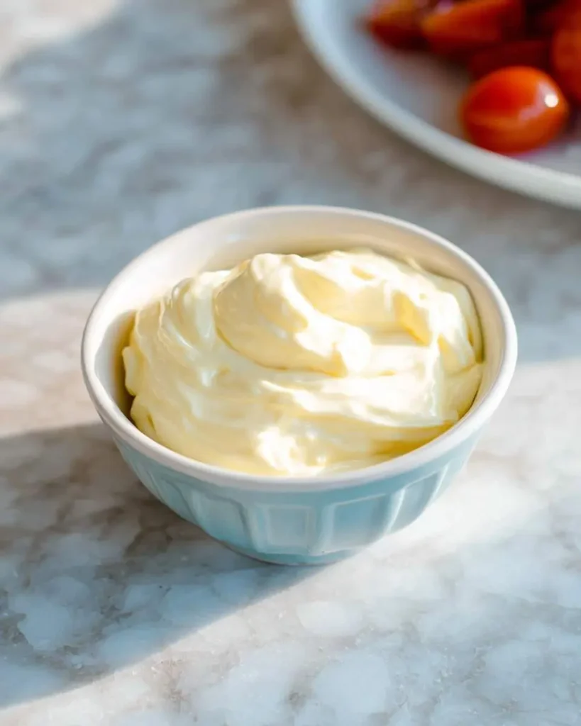 A light blue bowl brimming with creamy homemade mayonnaise, glistening in sunlight on a marble countertop.