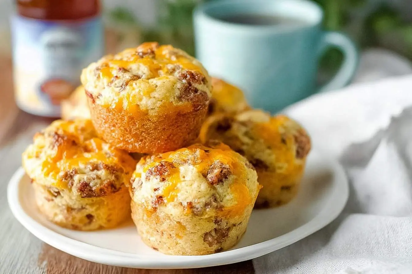 A plate piled high with golden brown Homemade McGriddle Muffins topped with melted cheese, beside a blurred coffee mug.