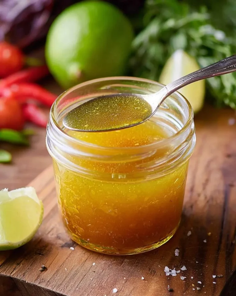 A spoon scoops golden Honey Lime Vinaigrette from a glass jar, surrounded by fresh limes, red chilies, and herbs on a wooden board.