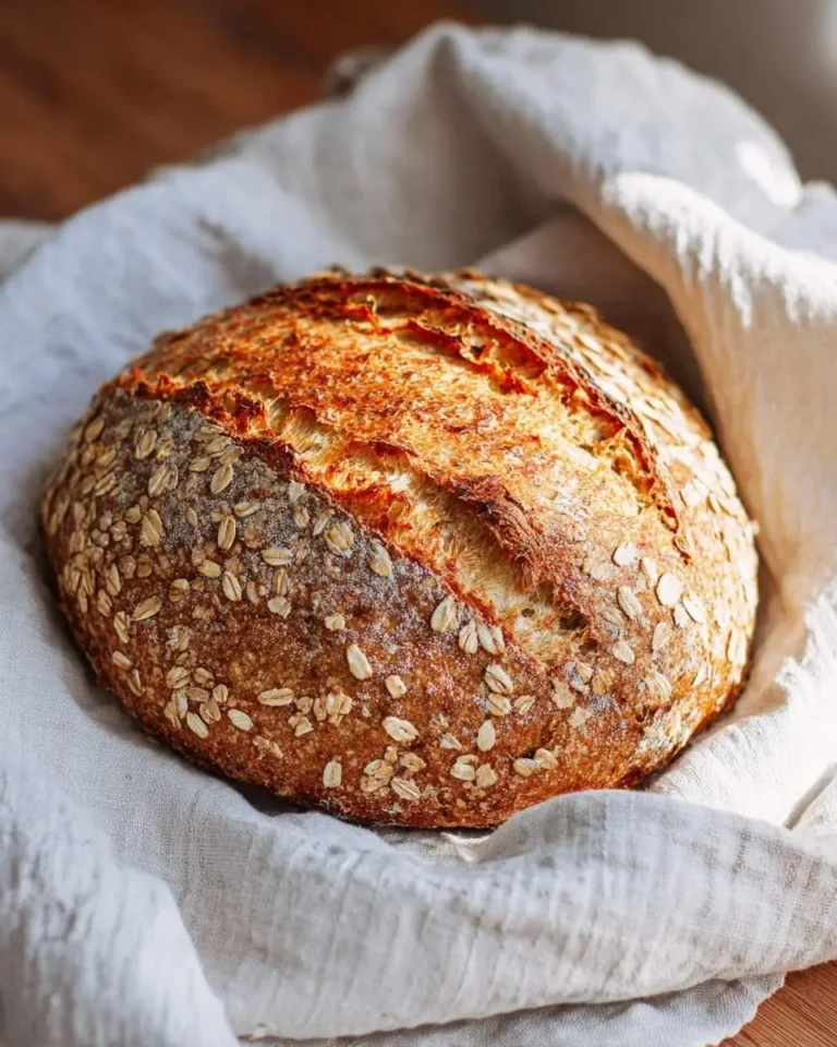 A beautifully baked round loaf of Honey Oat Sourdough Bread, featuring a golden, scored crust covered in oats, resting on a white linen towel.