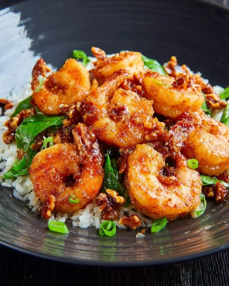 A close-up of delicious Honey Walnut Shrimp served on white rice with green vegetables and chopped scallions in a dark bowl.