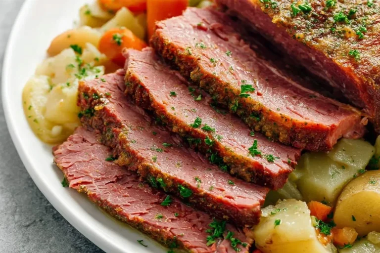 A close-up of tender, sliced Instant Pot Corned Beef garnished with parsley, served alongside roasted potatoes and carrots on a white plate.