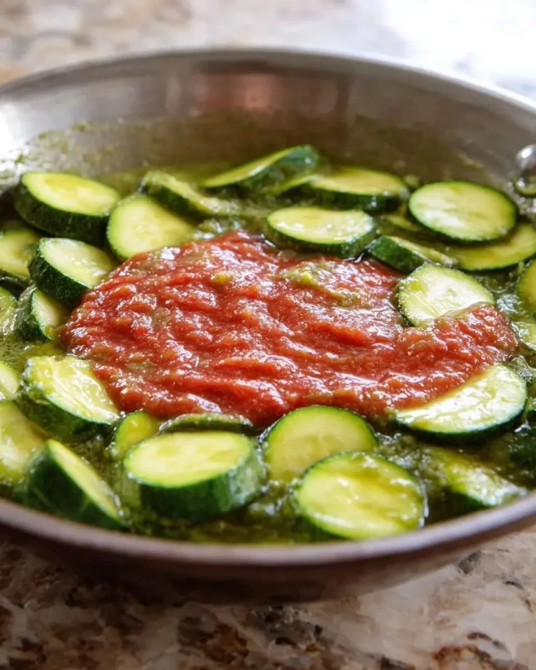 A skillet filled with vibrant green zucchini slices and a dollop of rich red tomato sauce, perfect for an Italian Zucchini Sauce.