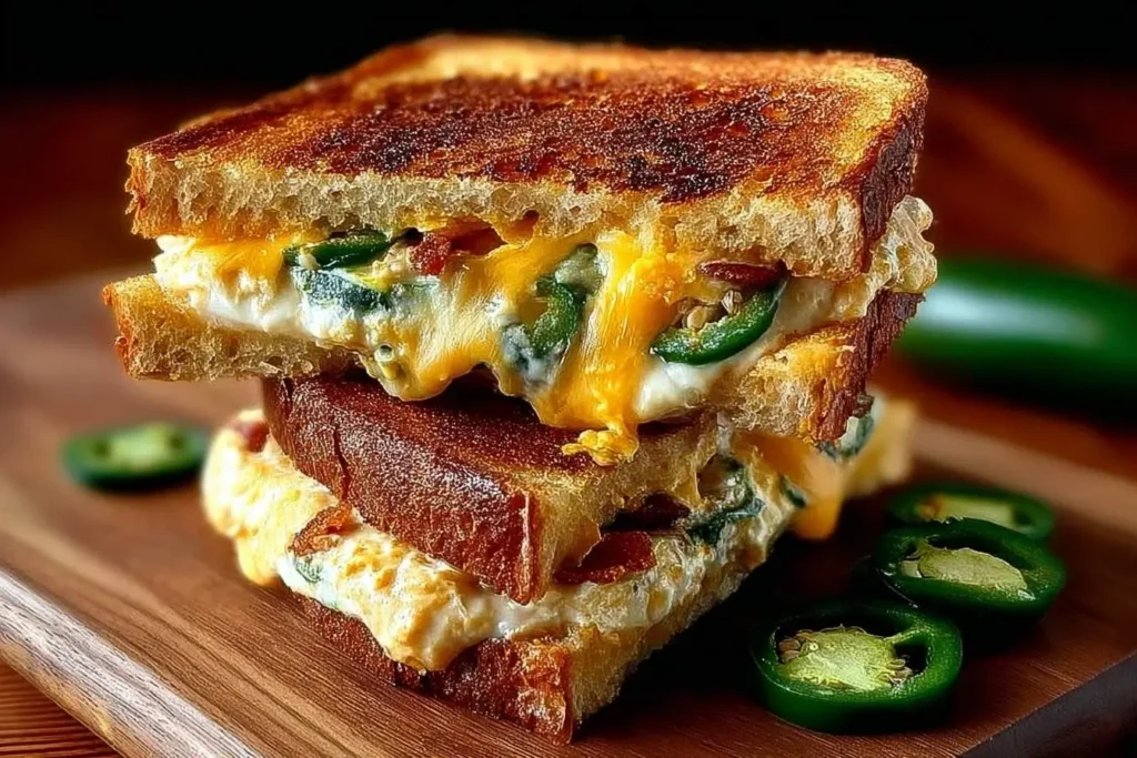 A stacked, golden-brown Jalapeno Popper Grilled Cheese sandwich oozing with melted cheese, green jalapeno slices, and bacon bits, on a wooden board.