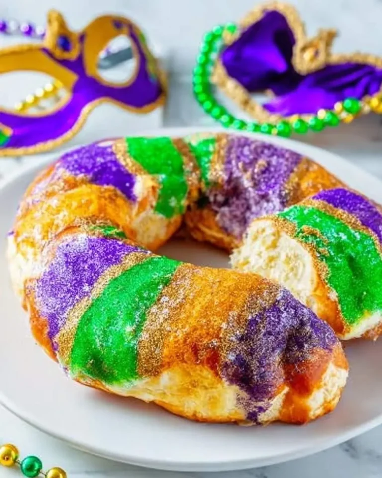 A festive king cake covered in purple, green, and gold sugar and glitter, served on a white plate with Mardi Gras masks in the background.
