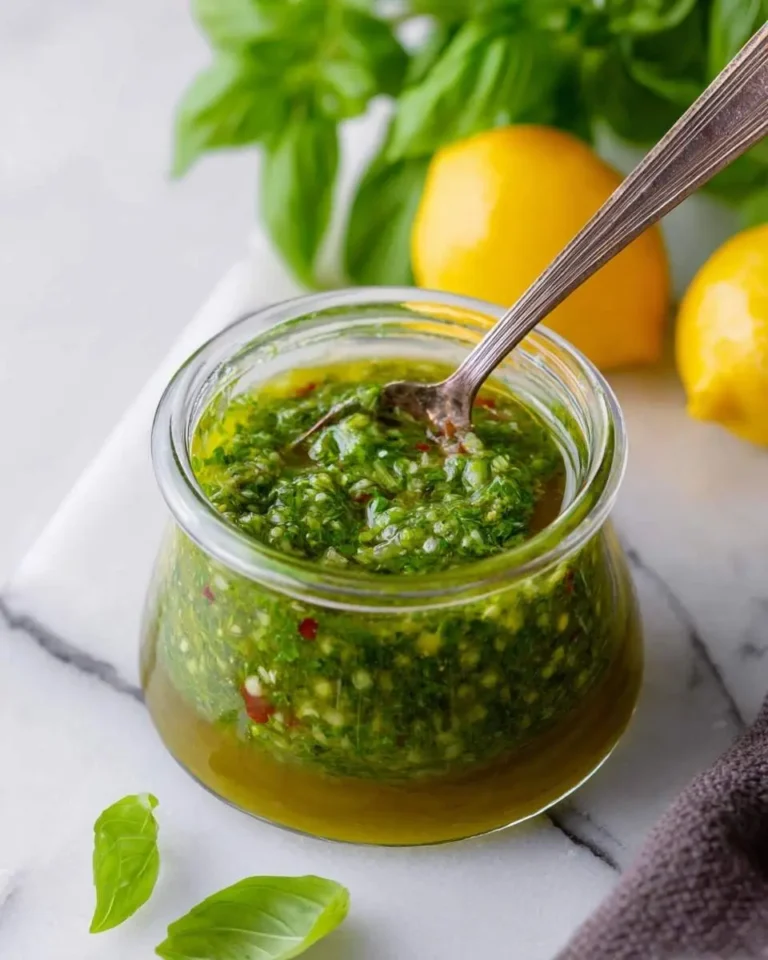 A vibrant green Lemon Basil Vinaigrette in a glass jar with a spoon, surrounded by fresh basil leaves and lemons on a marble surface.