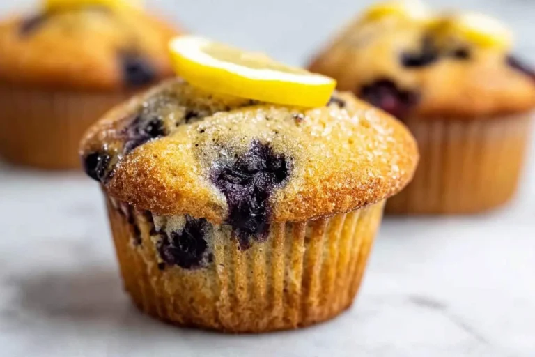 Close-up of a delicious lemon blueberry muffin, dusted with sugar and garnished with a lemon slice, with two more muffins blurred in the background.