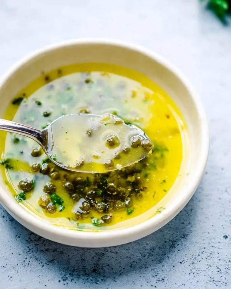 A spoon lifts vibrant lemon caper sauce from a white bowl, revealing bright green capers and herbs in golden liquid.