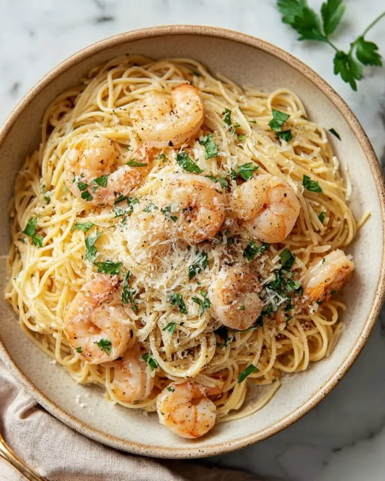 A close-up overhead shot of a delicious bowl of Lemon Garlic Parmesan Shrimp Pasta, garnished with fresh parsley and grated cheese.