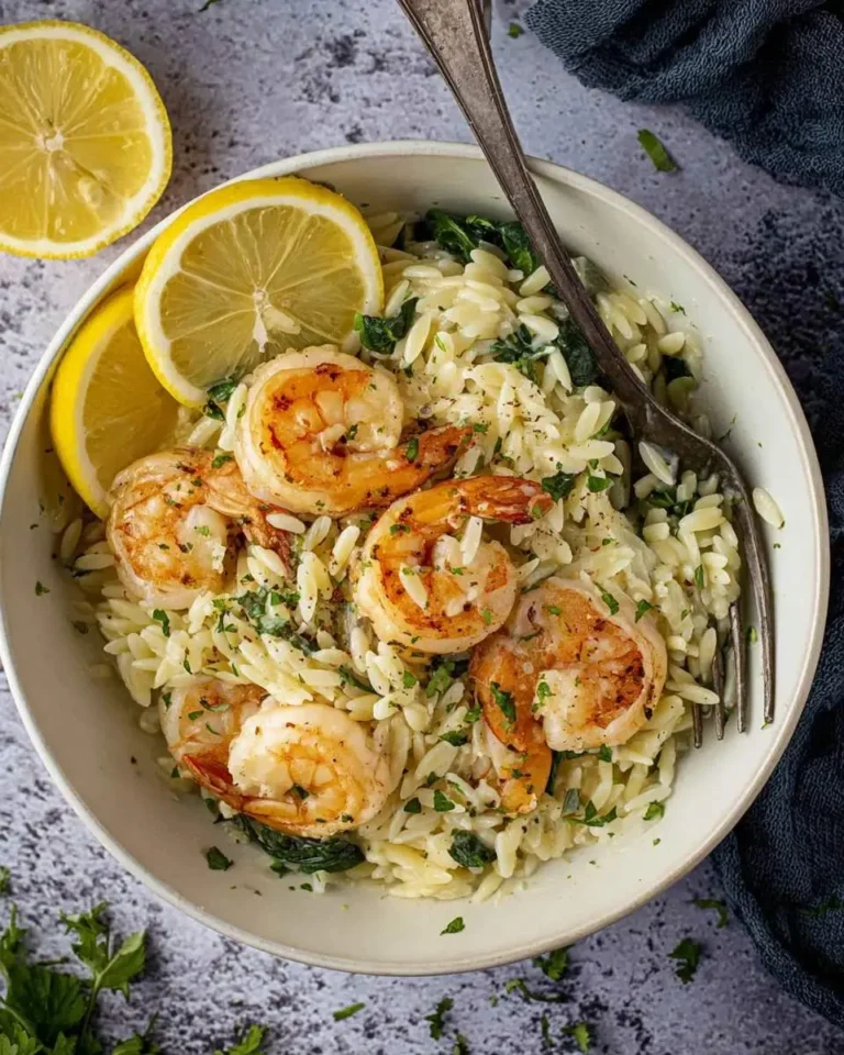 A close-up overhead shot of a delicious bowl of Lemon Garlic Shrimp Orzo pasta with spinach and fresh lemon slices.