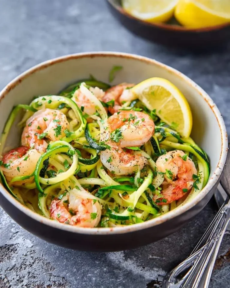 A close-up shot of a bowl filled with vibrant Lemon Garlic Shrimp Zucchini Noodle pasta, garnished with fresh parsley and a lemon wedge.