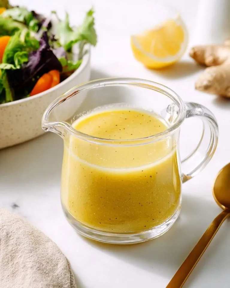 A clear glass pitcher holds vibrant yellow Lemon Ginger Salad Dressing next to a fresh green salad bowl, lemon, and ginger root.