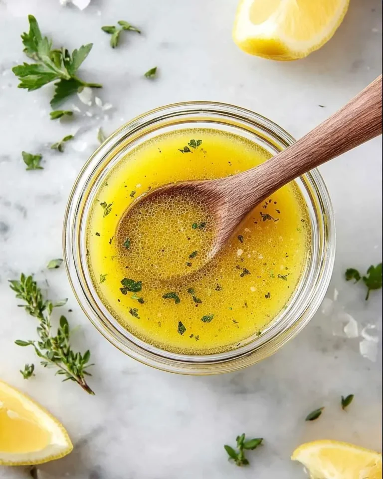 Overhead shot of a clear glass jar containing bright yellow Lemon Vinaigrette Dressing with a wooden spoon, surrounded by fresh lemons and herbs on marble.