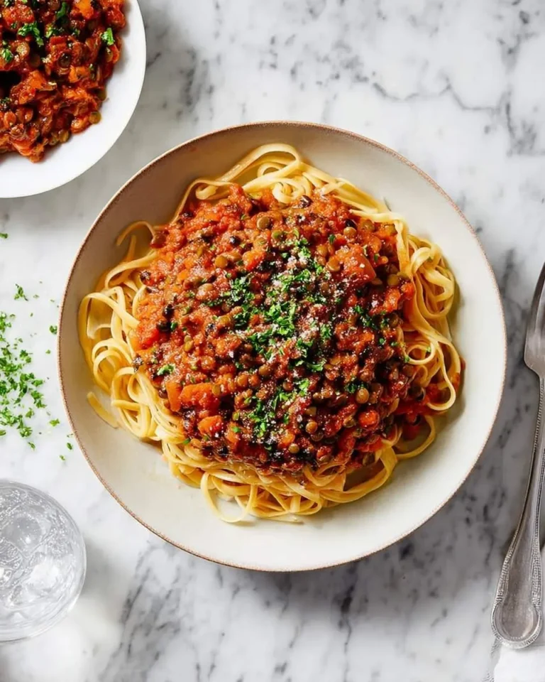 A delicious bowl of spaghetti topped with rich Lentil Bolognese sauce, garnished with fresh parsley and a sprinkle of cheese.