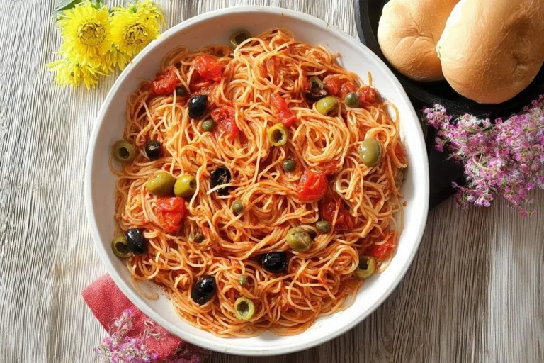 A vibrant bowl of Linguine with Tuna Puttanesca, rich with tomatoes, black and green olives, and capers, served on a wooden table.