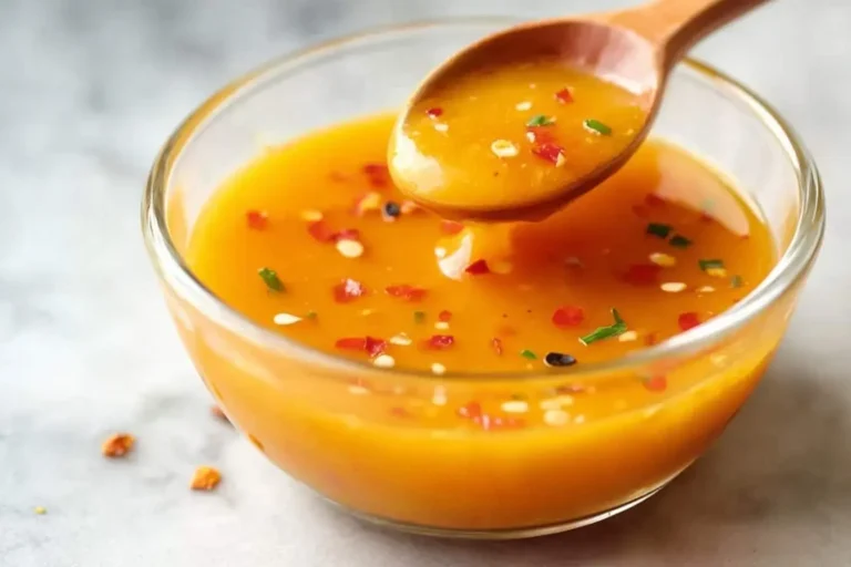 A wooden spoon lifts vibrant Mango Habanero Honey Garlic Sauce from a glass bowl, garnished with red chili flakes and fresh green herbs.